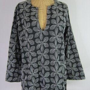 Vtg Serene S Black White Floral Embroidered Tunic